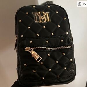 Badgley Mischka Mini Black Quilted Backpack with Gold Studs